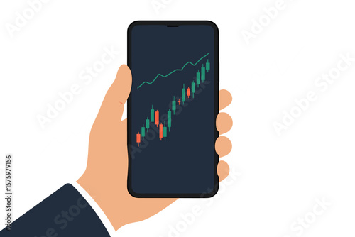 Stock online trading with smartphone concept. Mobile phone in hand with business graph. Candlestick chart on screen. Investment, finance, stock market, crypto analysis.
