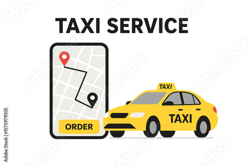Taxi service concept. Online ordering taxi car, rent. Mobile phone with geo location pin and map. Ride sharing app on smartphone screen. Navigation and transportation.