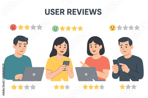 User reviews online vector illustration. Customer feedback and experience rating. People giving five star positive and one star negative feedback. Clients choosing satisfaction.