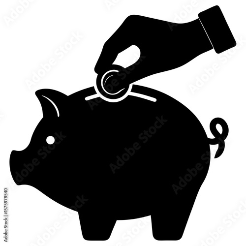 Hand putting coin into piggy bank money saving concept silhouette vector illustration