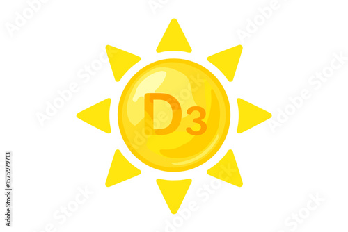 Vitamin D3 Sun Icon, Bright Yellow Capsule, Sunshine Symbol, Nutrition, Immunity, Health Supplement, Skin Care, Pharmacy, Diet, Wellness, Vector Illustration