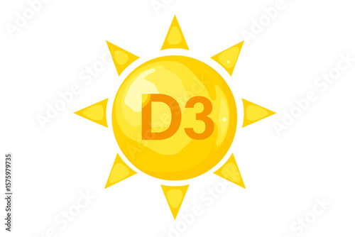 Vitamin D3 Sun Icon. Shining Yellow Sun Symbolizing Vitamin D3 Supplement. Nutrition, Health, Immunity, Skin Care, Beauty, Pharmacy, Diet, Wellness. Vector Illustration, Isolated, Transparent