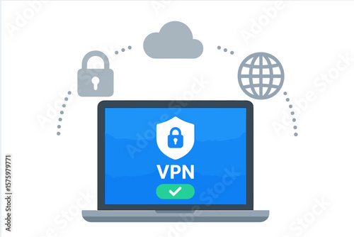 VPN service. Laptop with secure connection concept. Virtual private network, cybersecurity, secure web traffic, data protection, internet security software.