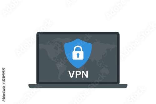 Secure VPN Connection on Laptop. Virtual Private Network Shield. Cyber Security, Data Protection, Safe Internet Access, Encrypted Web Traffic, Online Privacy, Secure Network Software