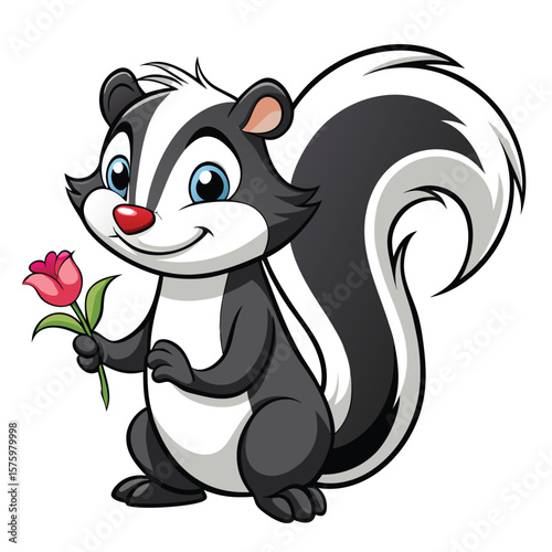 Cartoon skunk holding a flower