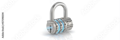 A close up of a silver combination padlock with blue light on a white background in studio shot