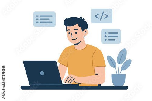 Young man freelancer working on laptop computer at home office. Remote work, online learning, programming, coding, web development, telecommuting, digital workspace concept