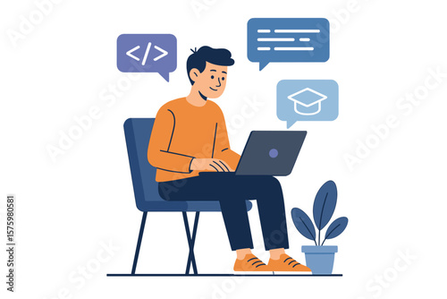 Young man working remotely on laptop, freelance developer coding, programming, e-learning, online education, home office workspace, technology, digital skills, study
