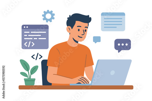 Young man freelancer working on laptop computer, coding, programming, software development, remote work, online learning, home office, technology, communication, workspace