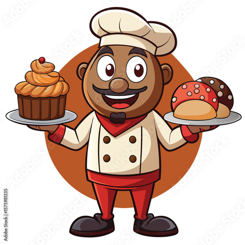 Chef character holding trays of treats