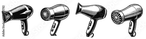 Four hair dryers, set of vector images