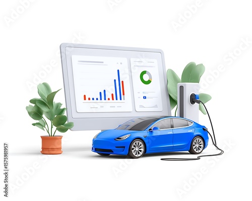 Blue electric car charging in front of a monitor displaying charts and a potted plant nearby