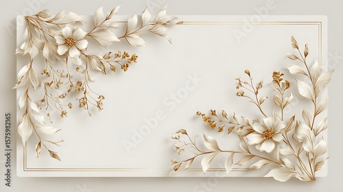 Elegant floral frame with white and gold flowers and leaves on a white background with gold border