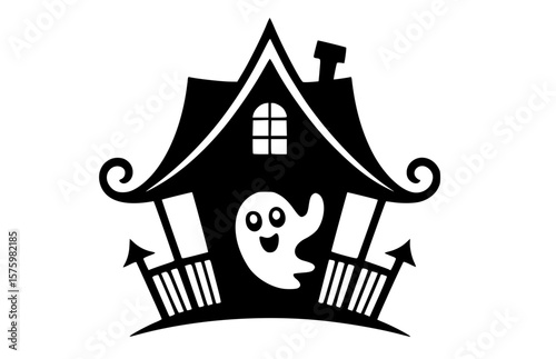 Cute haunted house Halloween graphic with happy ghost character suitable for kids crafts, party invitations and sticker designs