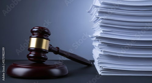 Wooden gavel legal files stack. Symbol of justice, law, legal system, courtroom, court hearing, trial, verdict, penalty. Representing concepts of jurisprudence, decision making, legal proceedings