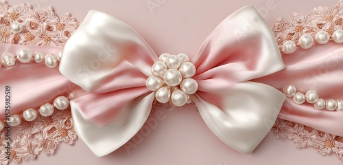 A close up of a pink and white satin bow with pearl embellishments on a light pink background