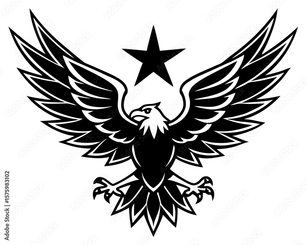 Obraz premium Bold Black and White Eagle with Star: Powerful, Patriotic, and Majestic Vector Graphic Illustration.
