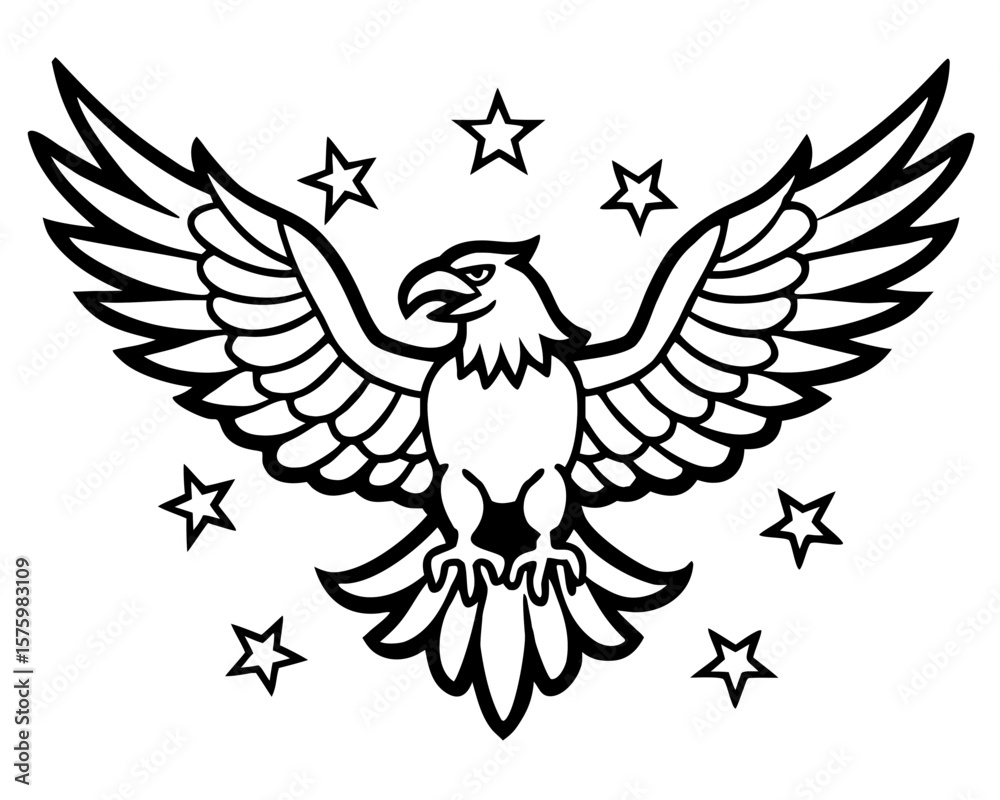 Obraz premium Bold Black and White Eagle Illustration: Patriotism, Freedom, and Soaring Wings Design.