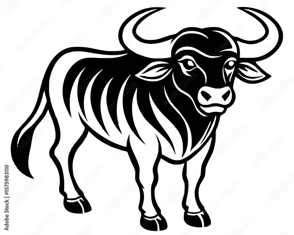 Fototapeta premium Stylized Black and White Bull, Powerful African Animal Vector Illustration, Strong and Majestic Design