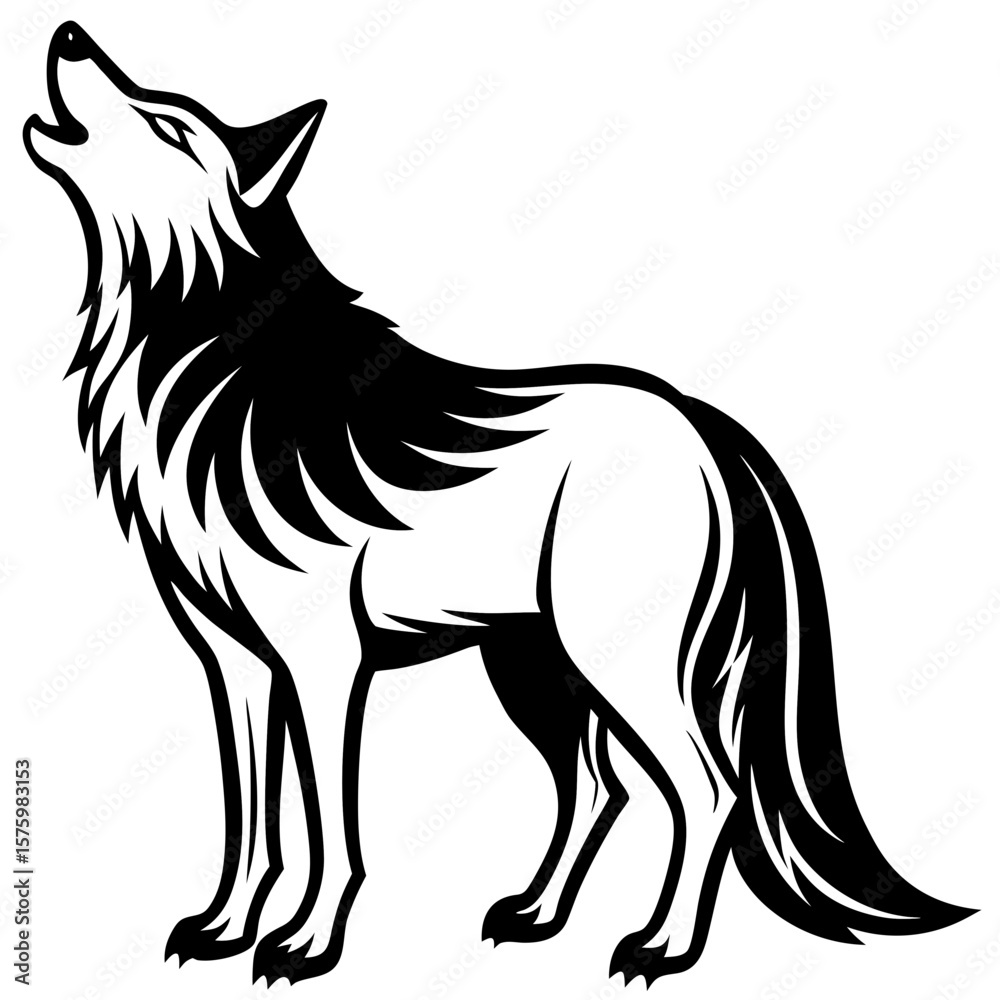 Obraz premium Majestic Howling Wolf: Black and White Stylized Vector Illustration, Powerful and Wild