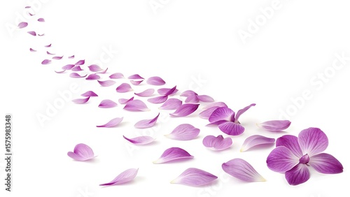 Scattered purple flower petals leading to a full orchid on white