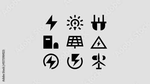 Electricity and energy icon set. Electrical safety black silhouette illustration.