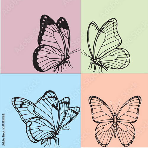 Butterfly slide sketch on colorful solid backgrounds, aesthetic hand-drawn butterfly design, minimal line art, abstract insect vector for wall art, kids decor, fashion print, and stationery design