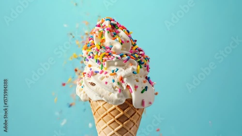 Ice cream cone with colorful sprinkles falling on a light blue background. Summer dessert treat footage.