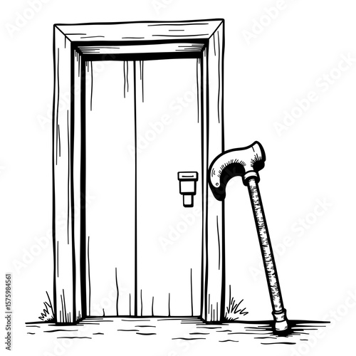 Walking cane by door – Black and white coloring book design