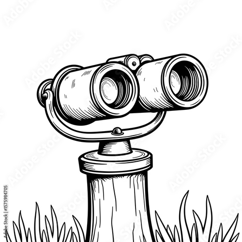 Field binoculars on lookout tower – kids coloring book design