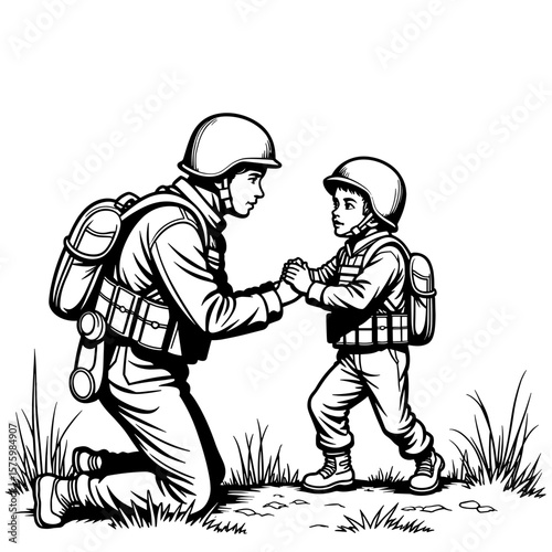 Soldier giving aid to child in battlefield – Compassion in war
