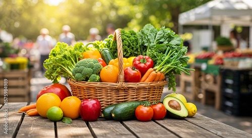 Fototapeta Naklejka Na Ścianę i Meble -  Fresh vegetables and fruits in a woven basket on market table  