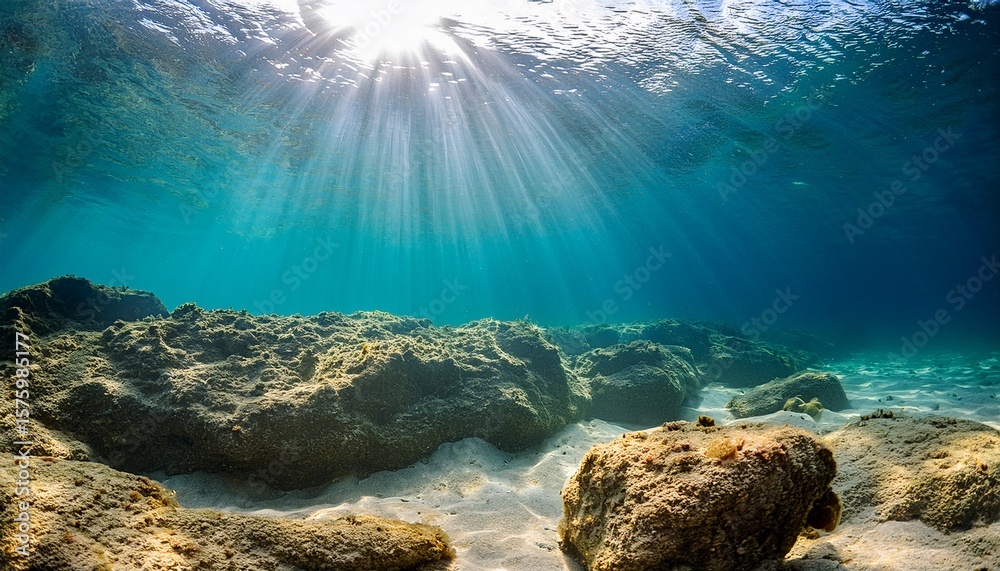 Fototapeta premium sunlight rays piercing through clear ocean water illuminating sandy seabed and rocky formations