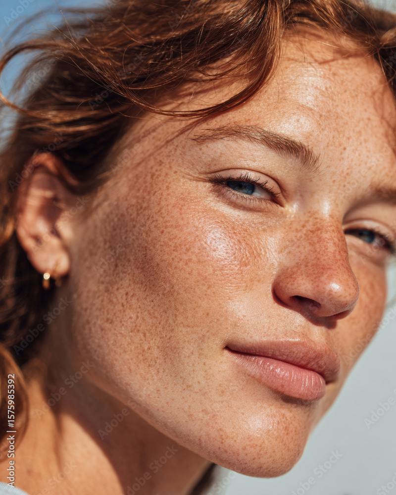 Fototapeta premium Natural beauty shines through in this close up of woman with freckles and radiant skin. Her blue eyes and soft convey confidence and warmth