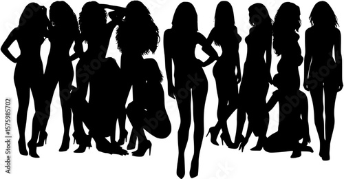 Sexy woman posing in front of large group of women models vector silhouette.
