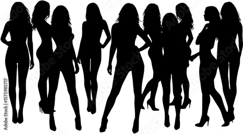 Sexy woman posing in front of large group of women models vector silhouette.
