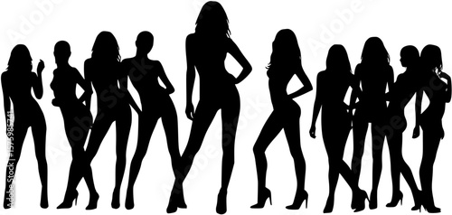 Sexy woman posing in front of large group of women models vector silhouette.
