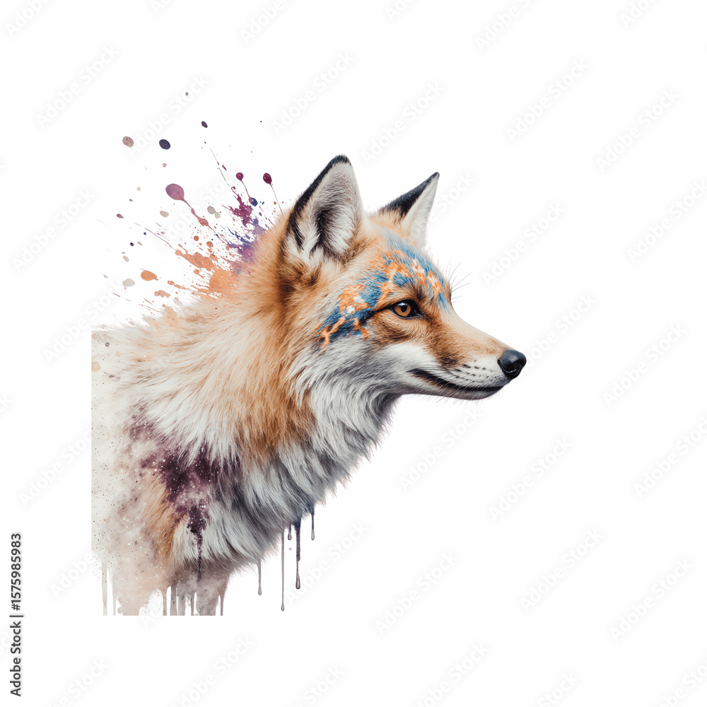 Obraz premium Painted Portrait of a Fox: A striking portrayal of a fox, its fur adorned with vibrant paint splatters, blending realism with artistic flair and offering a unique visual experience.