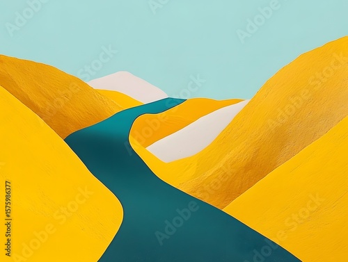 Abstract Yellow and Teal Landscape, Minimalist Mountain Range Illustration