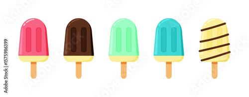 Colorful ice cream collection with five popsicles in various flavors and cheerful style on transparency background