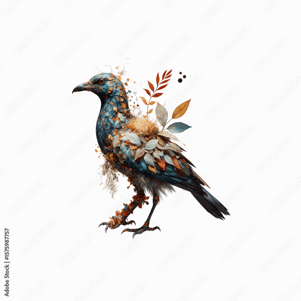Obraz premium Mystical Bird: A stunning, artistic rendering of a stylized bird, adorned with intricate details of leaves and natural elements, stands out with unique textures and a captivating presence.