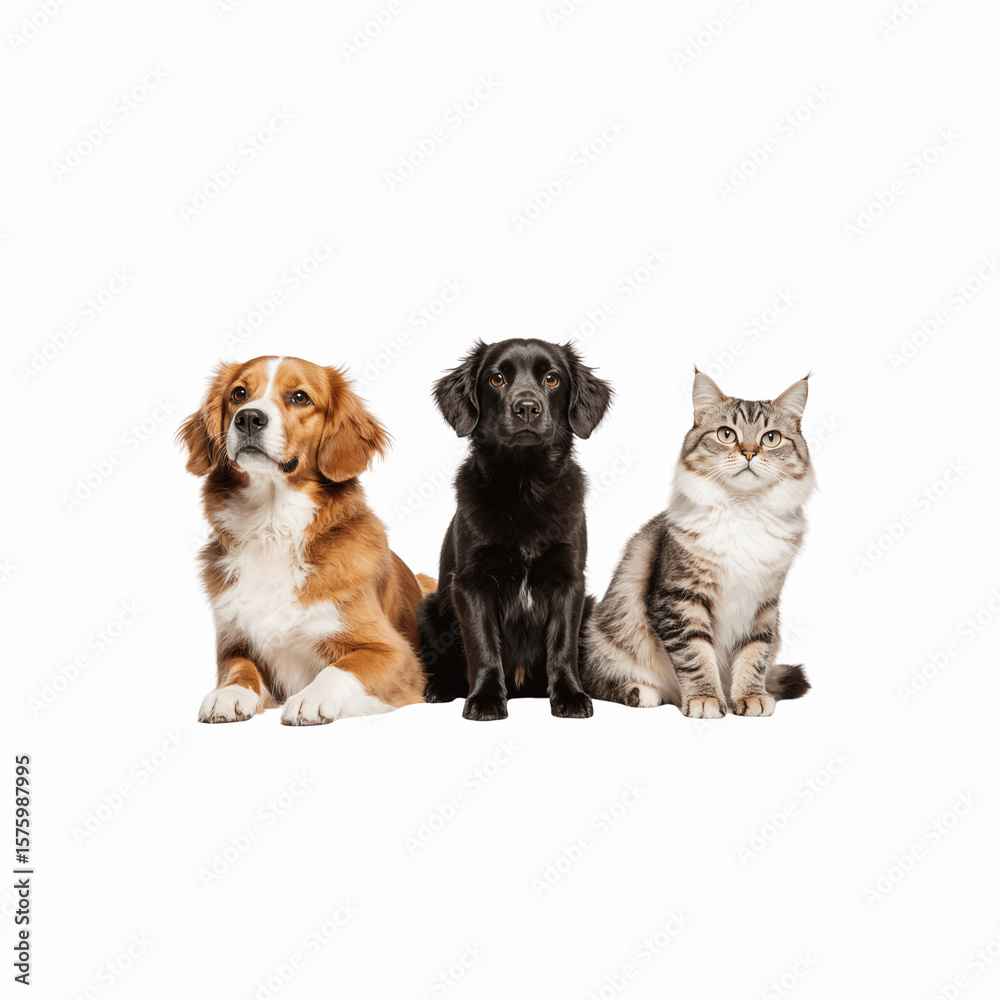 Obraz premium Best Friend Trio: Capturing the essence of camaraderie with three beloved companions—a canine and feline family portrait, exuding pure affection and mutual harmony.