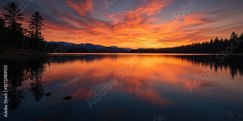 Sunset Tranquility on Still Water, Dark Pine Trees