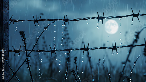 Raven on barbed wire in the rain with full moon in background