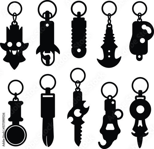 Unique Keychain and Abstract Key Fob Vector Silhouettes, Stylized and Creative Key Ring Designs, Modern Promotional Accessory Templates and Decorative Holder Icons.