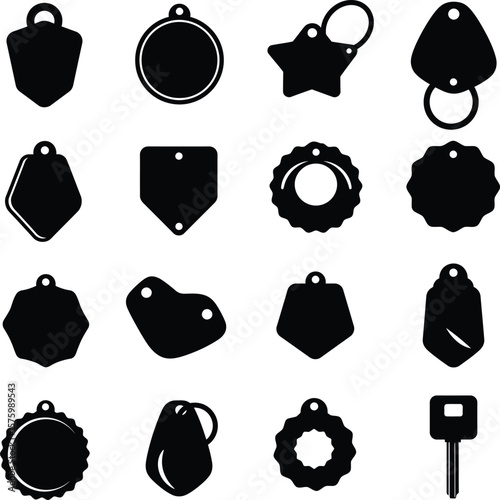 Blank Tags and Keychain Vector Silhouettes, Diverse Customizable Label Shapes, Modern Promotional Accessory Templates and Key Fob Designs Collection.