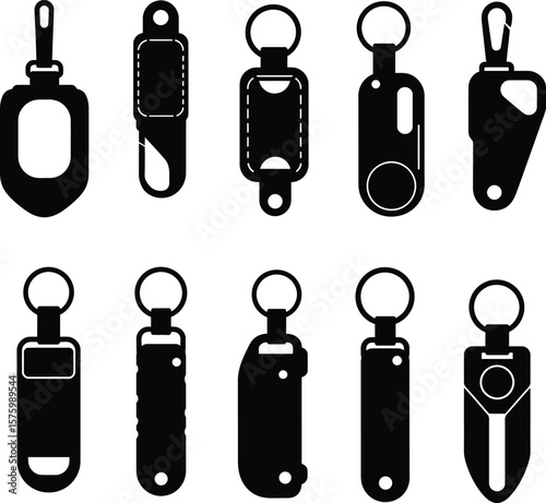 Modern Keychain and Key Fob Vector Silhouettes, Utility Key Ring Designs with Clips, Customizable Promotional Accessories and Holder Templates Collection.