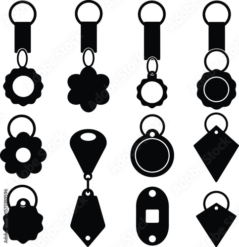 Keychain and Tag Vector Silhouettes Collection, Diverse Decorative Key Ring Designs, Customizable Fob Shapes for Branding, Promotional Accessory Templates.