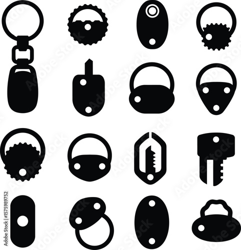 Keychain and Key Ring Component Vector Silhouettes, Diverse Key Fob and Key Element Designs, Customizable Modern Key Holder Parts and Accessory Icons.