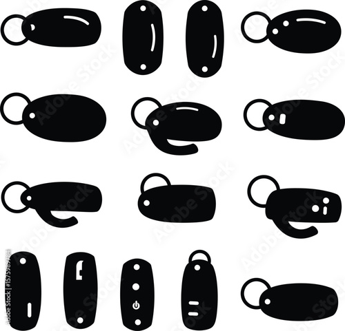Car Key Fob and Remote Control Vector Silhouettes, Modern Keyless Entry System Icons, Automotive Security Device Designs, Vehicle Smart Key Chain Graphics.